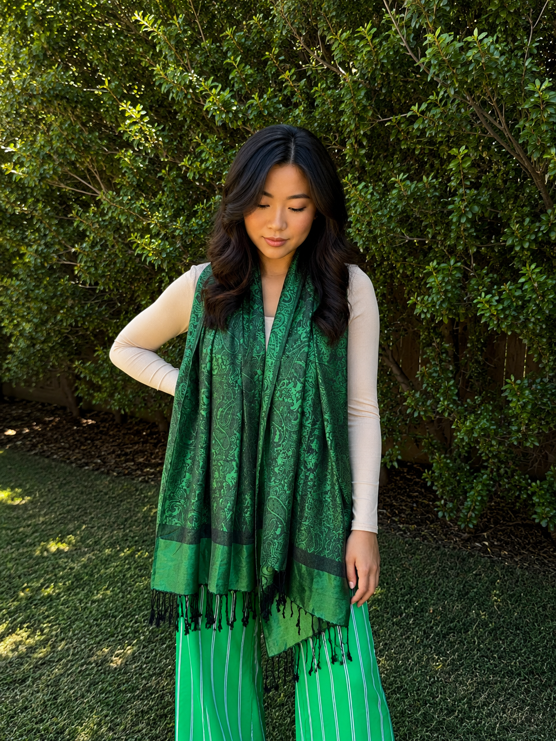Green Black Handmade Pashmina Silk Scarf